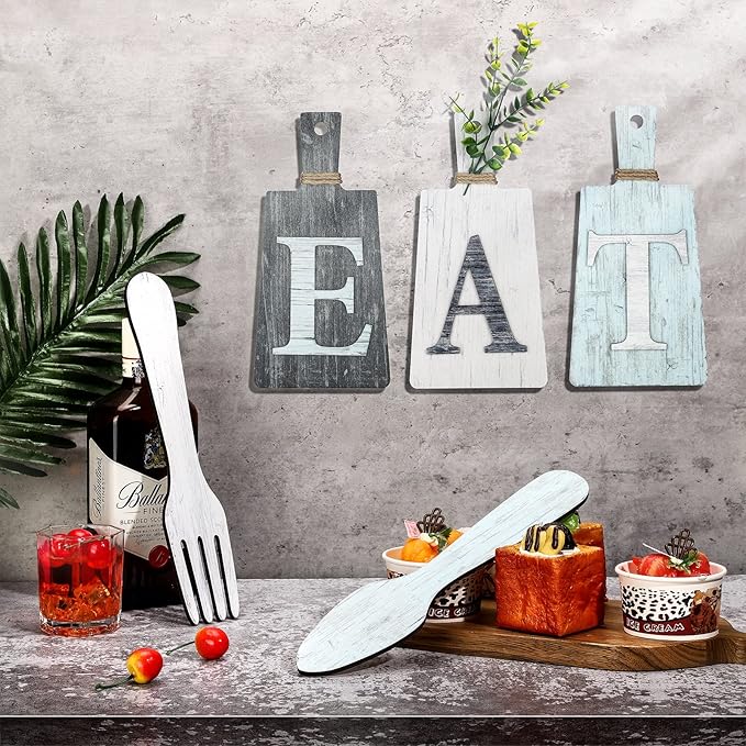 Jetec Cutting Board Eat Sign Set Hanging Art Kitchen Eat Sign Farmhouse Fork and Spoon Wall Decor Rustic Primitive Country Kitchen Decor for Home over Cabinet Decoration(Gray, White, Blue)