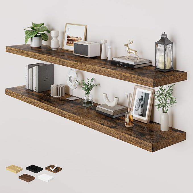 RICHFOCUS 72 Inch 12" D Floating Shelves for Wall 2 Pack Long Wall Shelves for Room Wall|Large Wood Hanging Shelf with Invisible Brackets for Bathroom Bedroom Kitchen Laundry Room, Rustic Brown