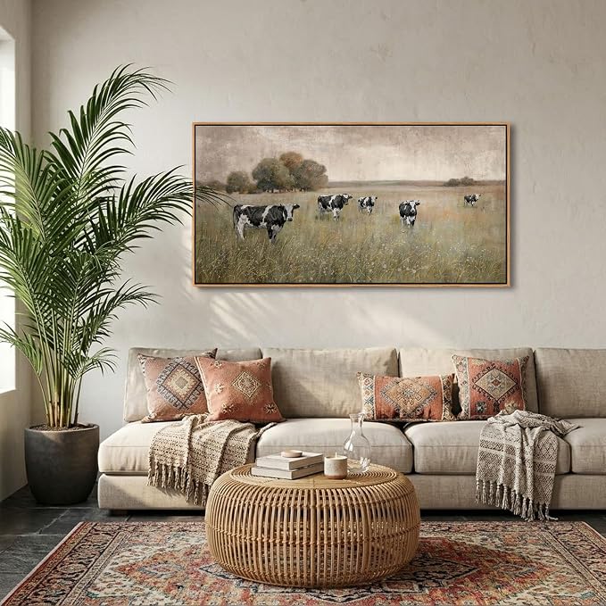 YDYSUNE Cow Pasture Canvas Wall Art - Rustic Beige Black Textured Grazing Cows Print, Vintage Farm Animal Landscape Decor for Country Home Kitchen Living Room Bedroom Framed 20×40 Inch