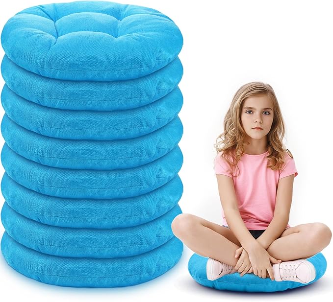 Fumete 8 Pcs 16 Inch Floor Cushions Pillow for Kids Bulk Classroom Round Flexible Seating Floor Cushions for Students Home Daycare School Reading Corner Yoga Meditation Picnic (Ice Blue)