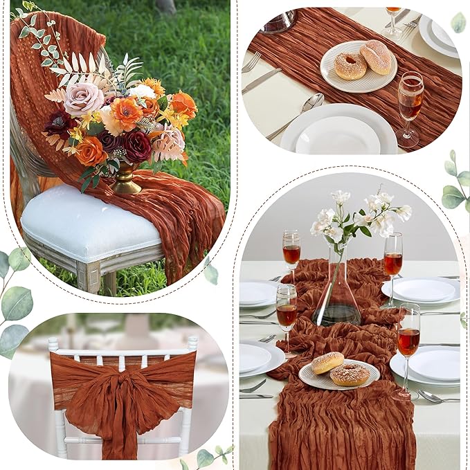 12 Pack Terracotta Cheesecloth Table Runner 10FT Long Boho Gauze Table Runner Rustic Sheer Runner for Wedding Bridal Baby Shower Birthday Party Table Decor Home Easter Thanksgiving Decor