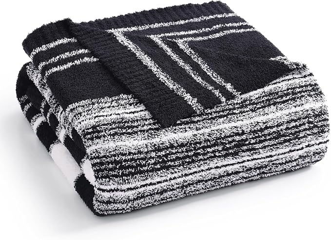 WRENSONGE Soft Throw Blanket for Couch-Cozy Reversible Knitted Blankets | Lightweight Warm Fluffy Decor for Women, Mom, Her & Girls, Sofa, Chair, Bed, 50x70in,Black White Stripe