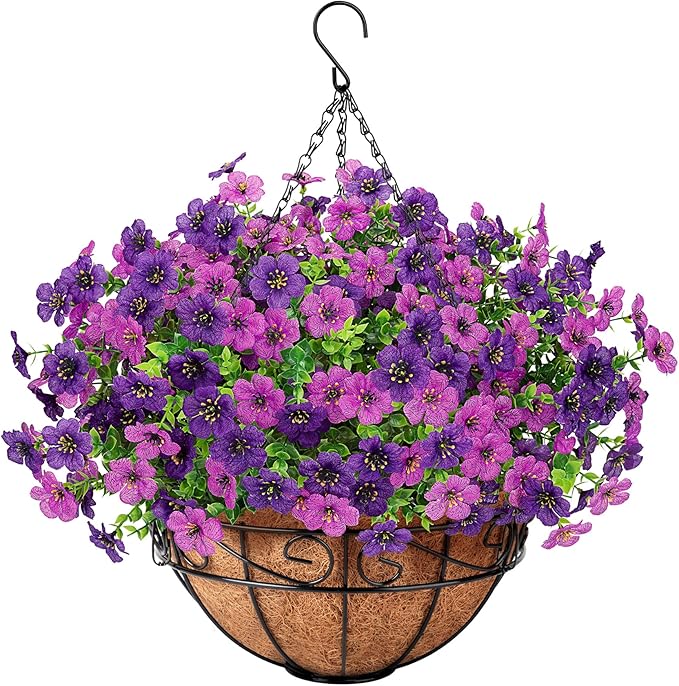 Artificial Fake Hanging Flowers Plants Basket Outdoors, Faux Silk UV Resistant Look Real Daisy Eucalyptus for Spring Summer Garden Porch Home Patio Balcony Yard Decorations, Double Purple