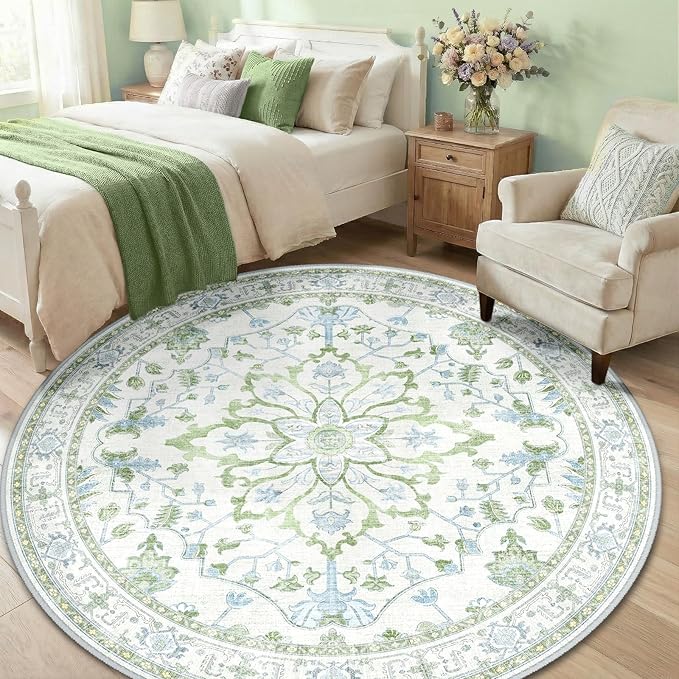 RELEANY Area Rugs Round 6ft Washable Non-Slip, Floral Vintage Distress Print Pattern Medallion Carpet for Living Room Bedroom Dining Room, Green White Blue