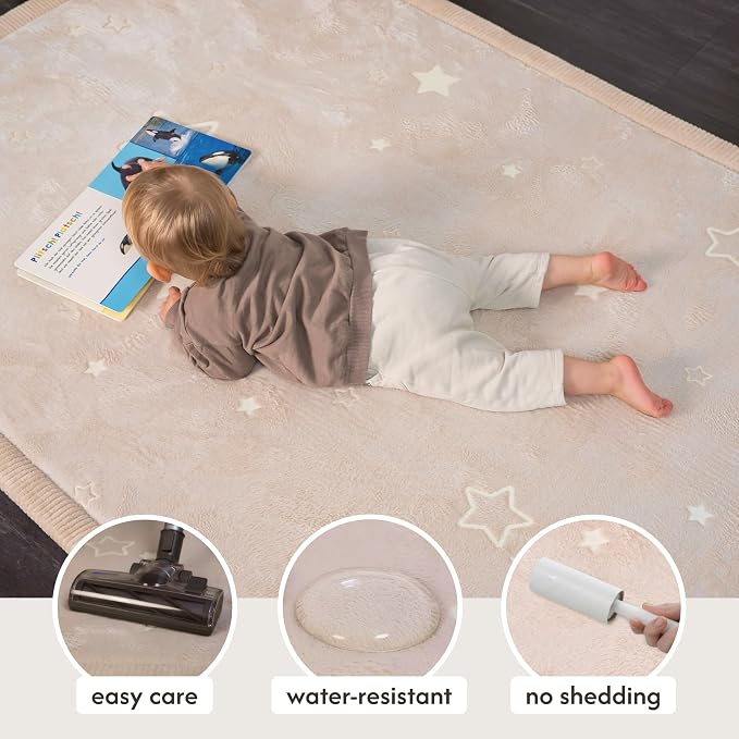 Hakuna Matte GlowCloud Baby Play Mat for Floor 47”x 67” Stars – Coral Velvet high-Density Foam Rug for Crawling & Cozy Play – Non-Slip, Water-Resistant, Easy-CareTummy Time Mat, Playmat for Playpen
