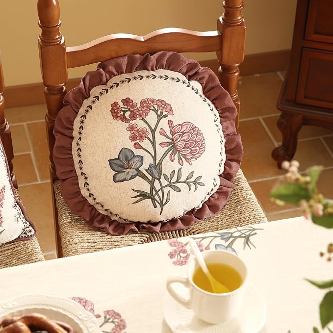 ISAENNE Designer Linen Throw Pillow Cover,Set of 2,Diameter 16"-Helena D | Vintage Elegant Round Decor Pillow Cover,Concealed Zipper Design,Floral Pattern,Sofas,Bedroom,Living Room,Lounge Chairs