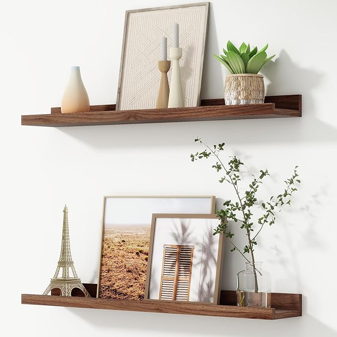 FLYJOE Picture Ledge Shelf, Floating Shelves Set of 2, 30 Inches Nursery Book Shelves for Toys Storage, Kids Bookshelf Wall Mounted for Living Room Bedroom Decor Books Photo Frames, Walnut
