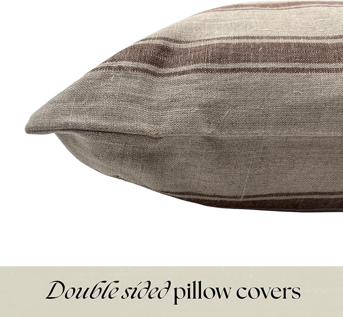 Linen Throw Pillow Covers Stripe Brown Pillow Cover Spring Decorative Pillow Covers for Living Room, Bedroom (Brown Stripes, 20" L x 20" W)