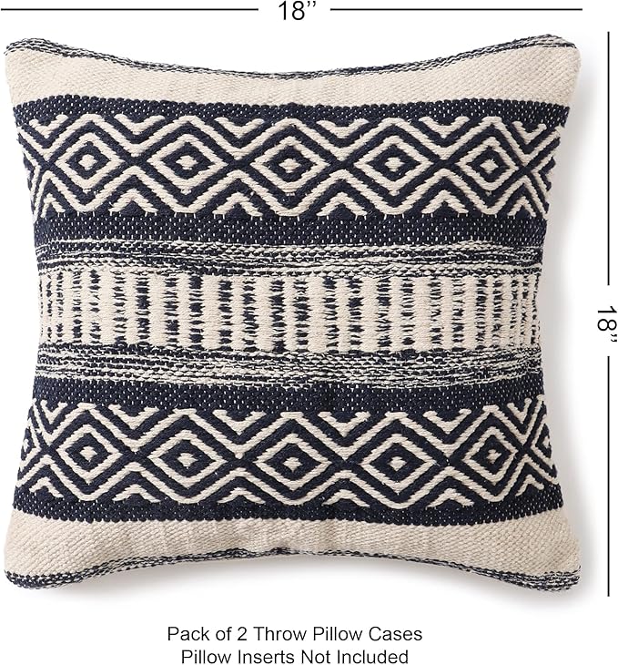 REDEARTH · Boho Textured Throw Pillow Cases - Cushion Covers Tufted Decorative Farmhouse Fall Set for Couch - Sofa - Dining - Patio - Outdoor - 100% Cotton (18"x18" - Indigo Impressions) Pack of 2