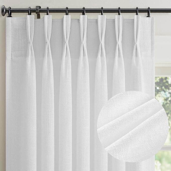 92 Inch Pinch Pleated Curtains for Living Room 2 Panels Rustic Beige White Thick Linen Textured Light Filtering Pinch Pleat Drapes Minimalist Back Tab Semi Sheer Window Curtain for Bedroom Kitchen