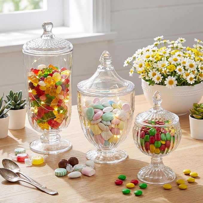 3 Pcs Glass Apothecary Jar with Lid Decorative Crystal Candy Jar for Candy Buffet Bathroom Storage Canisters Wedding Decor Glass Organization Canisters for Home 26/21.3/4.7 oz