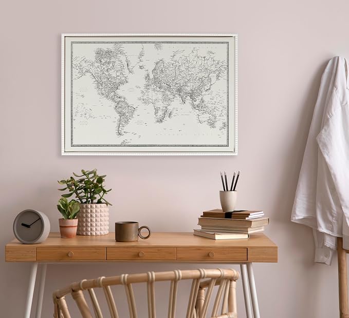 Kate and Laurel Sylvie Beaded Vintage Black and White World Map Vintage Framed Canvas Wall Art by The Creative Bunch Studio, 23x33 White, Modern Geographical Map Décor