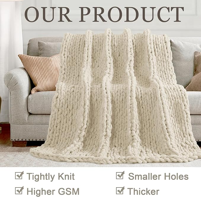 Chunky Knit Throw Blanket 50x60, 100% Handmade Chenille Yarn | 4.4lbs Soft Thick Cable Knitted Blankets, Large Rope Knot Crochet Throws for Couch Sofa Bed Machine Washable, Light Beige
