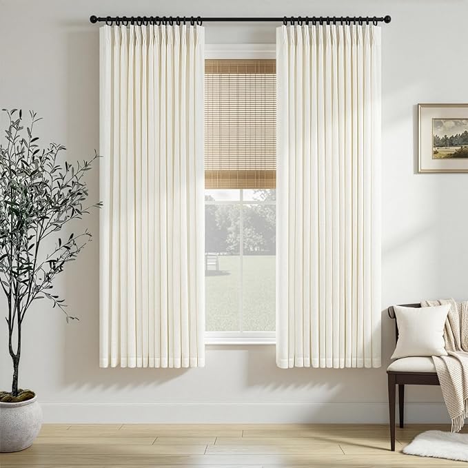 Cream Linen Pleated Curtains for Living Room Dining 63 Inch Length 2 Panels Light Filtering Neutral Modern Farmhouse Window Curtain Ivory Privacy Semi Sheer Natural Linen Drapes Pinch Pleat Back Tab