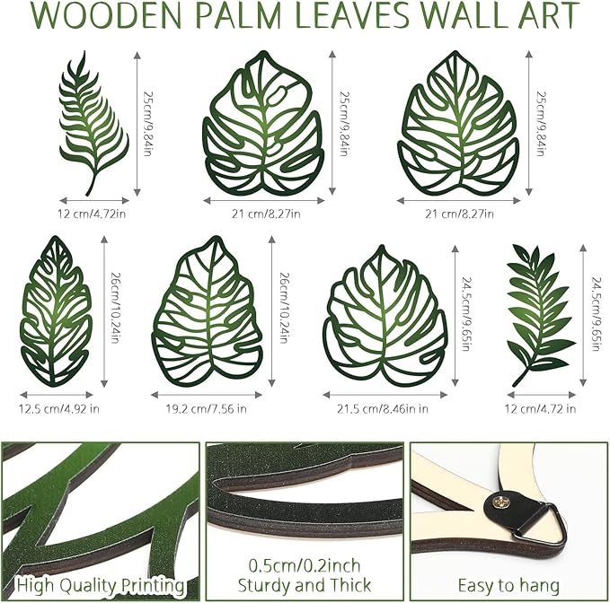 Namalu 7 Pcs Tropical Wall Decor Jungle Monstera Wall Art Boho Palm Leaf Wooden Decoration Tropical Nursery Decor Vintage Natural Monstera Leaf Plaque for Farmhouse Kitchen Bedroom Garden(Green)