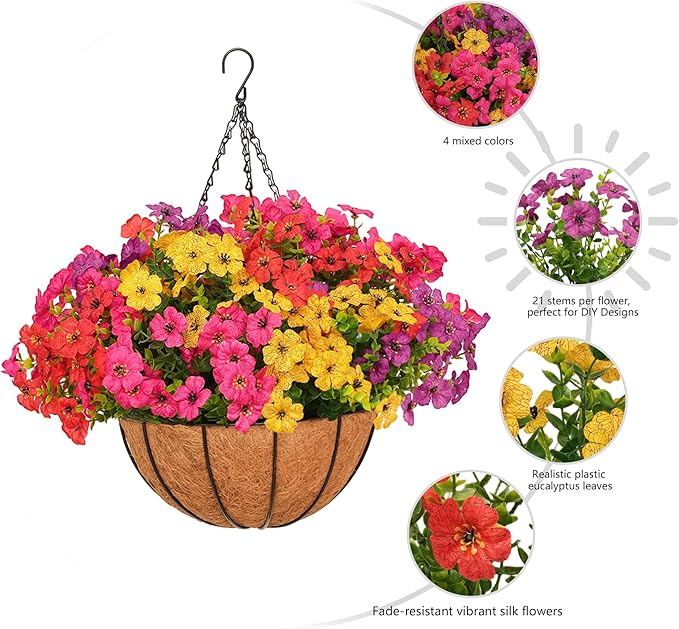 2 Set Artificial Hanging Flowers with Basket for Outdoor Spring Summer Decor - 24 Pcs Realistic UV-Resistant Silk Daisy Hanging Plants for Garden Porch Patio Balcony Yard Home Decoration