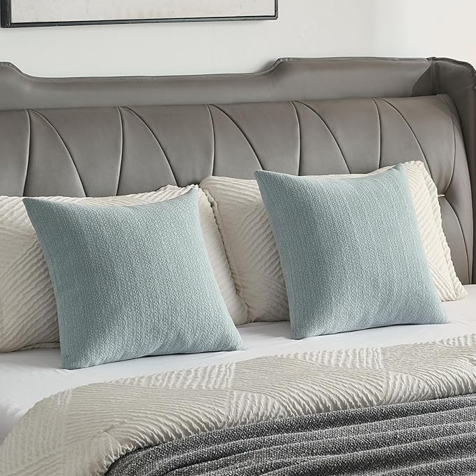 FUTEI Dusty Blue Chenille Throw Pillow Covers 26x26 Inch Set of 2,Soft Striped & Diamond Textured Euro Pillow Shams,Modern Home Decor for Couch Living Room
