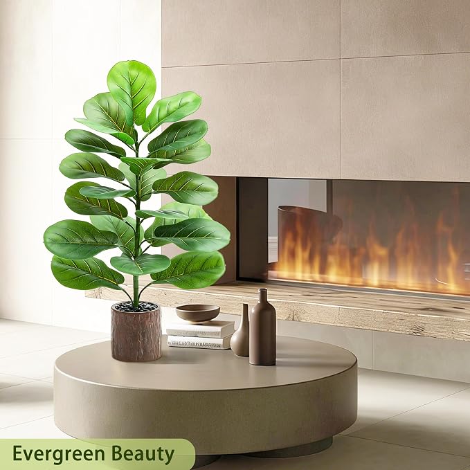 2 Pack Artificial Fiddle Leaf Fig Tree 30in, Large Realistic Faux Ficus Lyrata Plant with Wood-Grain Pot Table Top Faux Plant for Indoor Outdoor Home, Office, Living Room, Bathroom Decor
