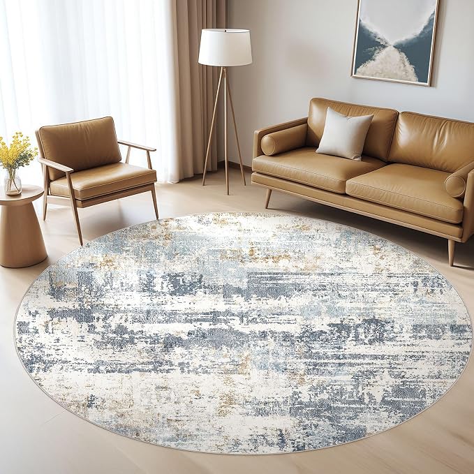 7ft Round Rug Living Room Rugs: 7x7 Washable Circle Large Abstract Modern Soft Stain Resistant Non Slip Indoor Floor Carpet for Bedroom Nursery Office Dining Room Dorm Home House- Light Blue