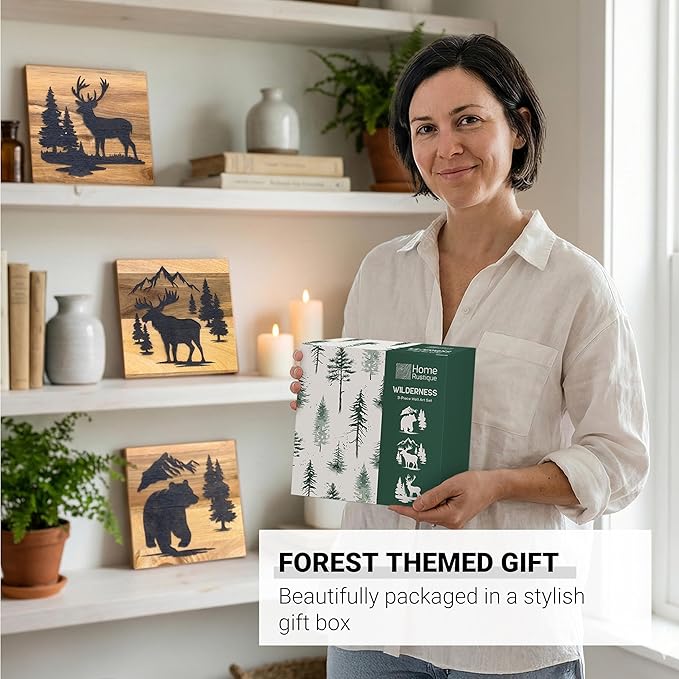 HomeRustique Real Wooden Cabin Decor with Bear, Deer & Moose (Set of 3) - Rustic Mountain & Forest Wall Decor, Woodland Lodge Art for Home, Living Room, Hunting Theme or Bathroom