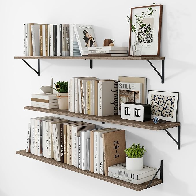 Vivelove Deep Floating Shelves for Wall, 48W x 8D Rustic Grey Wood Wall Shelves Set of 3, Large Floating Shelf for Living Room, Kitchen, Office, Bedroom and Decor Storage, with Metal Bracket - Grey