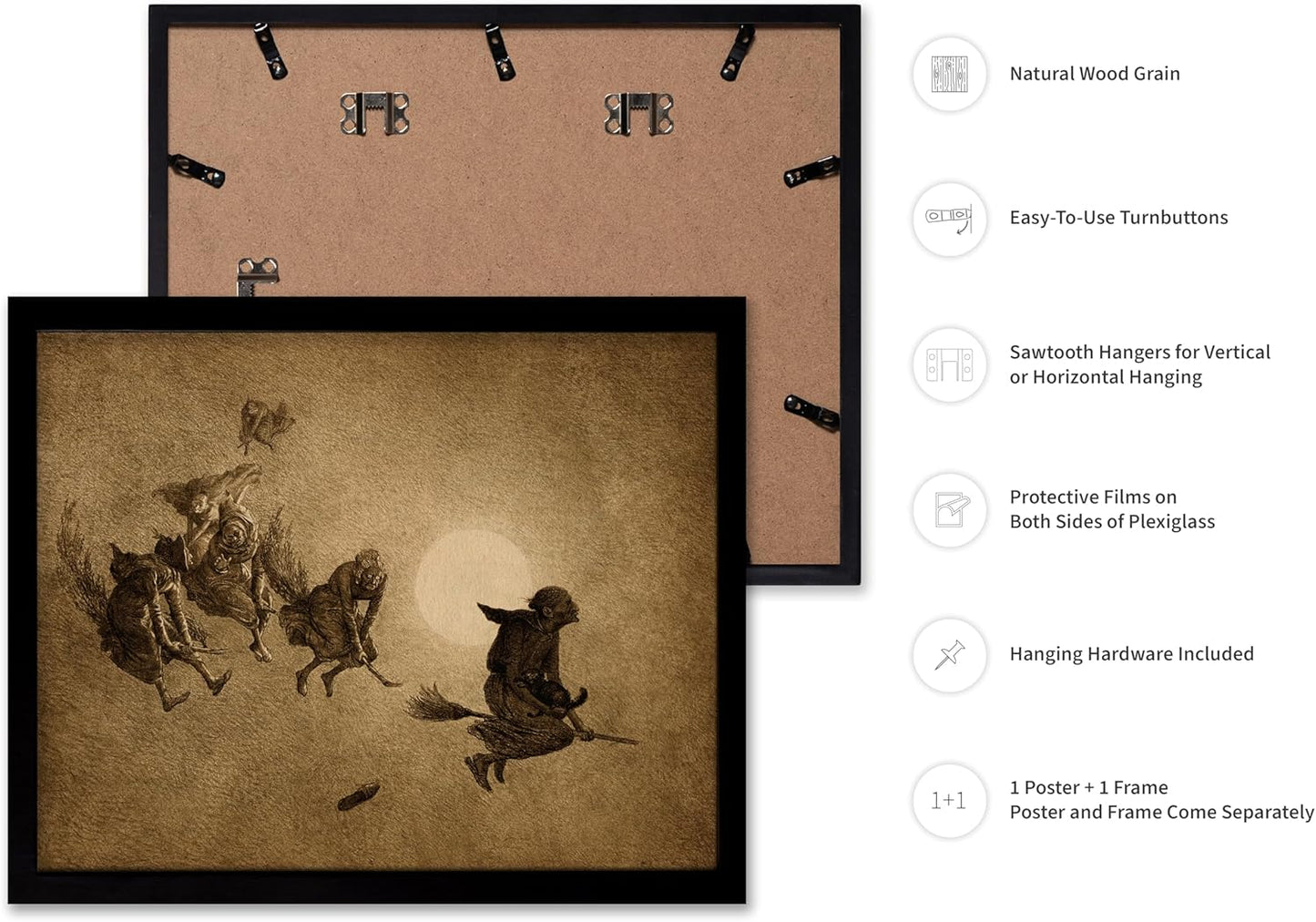 Poster Master Vintage William Holbrook Beard Poster - Retro Occult Print - Gift for Gothic, Horror Fan - The Witches Ride, Pagan, Goth, Magic - Wall Decor for Bedroom, Dorm, 11x14 Black Framed