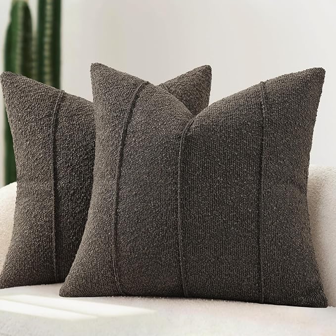 YCOLL Textured Boucle Throw Pillow Covers 24x24 Pack of 2 - Soft Neutral Striped Cushion Covers, Cozy Accent Decorative Pillow Covers for Couch, Sofa, Bed, Living Room (Dark Gray)