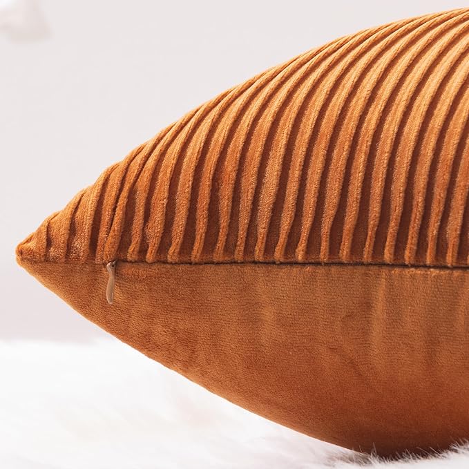 YCOLL Burnt Orange Pillow Covers 20x20 Set of 2 Velvet Striped Pattern - Soft Throw Pillows for Home Decor, Luxury Decorative Pillow Covers for Couch, Bed,Living Room