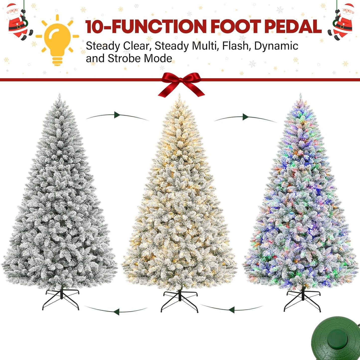 7.5ft Lighted Snow Flocked Christmas Tree, 450 Multicolor LED Lights, Artificial Christmas Tree with 1446 Branch Tips, Metal Stand & Hinged Branches for Decoration, 10 Modes