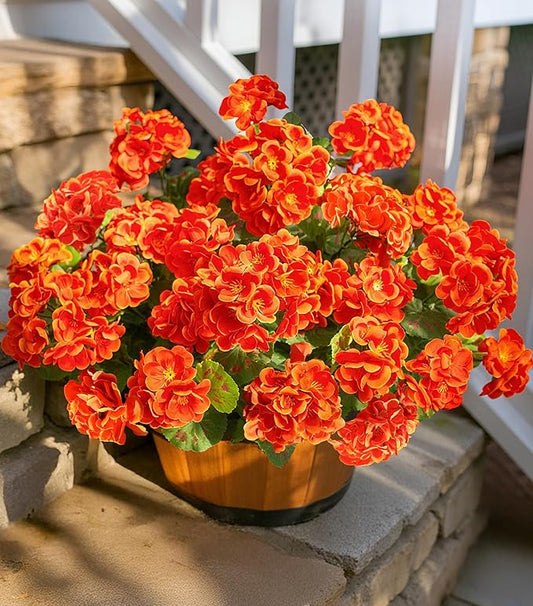 Fake Geraniums Artificial Flowers for Outdoors Fall Autumn Decoration, 6 Bundles Silk Geraniums UV Resistant Look Real Orange Faux Flowers Plants for Front Door Garden Planter Patio Balcony Yard Home