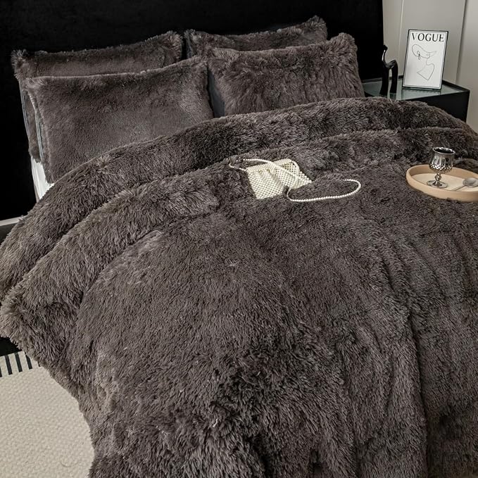 chovy Faux Fur Plush Gray Comforter Sets Full/Queen - Ultra Soft Shaggy Flannel Velvet Fluffy Fuzzy 3PC Bedding Set (Comforter x 1 Pillowcases x 2)