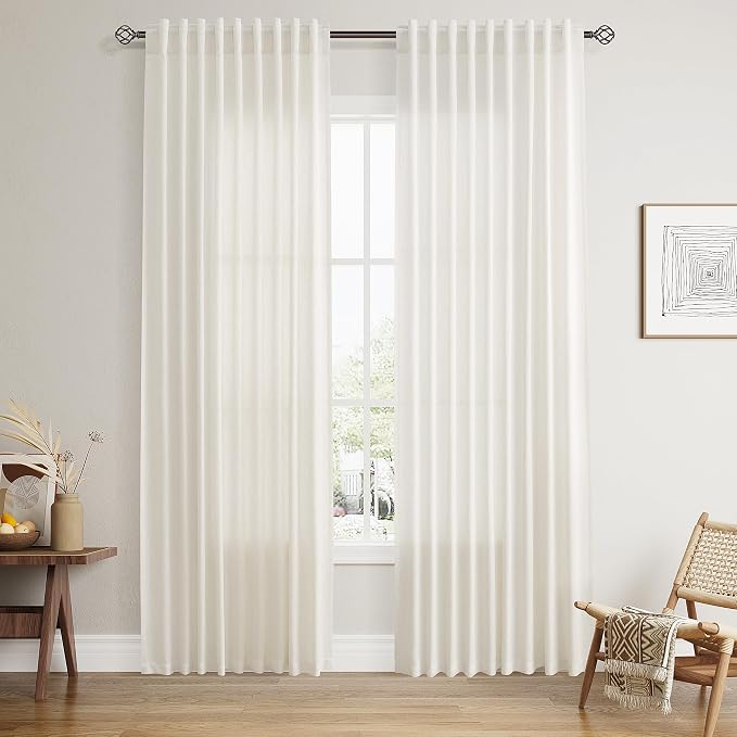 Nanspring Cream Linen Curtains 84 Inch Length for Living Room Natural Light Filtering Window Treatments with Back Tab Rod Pocket Rustic Semi Sheer Drapes for Dining Bedroom 2 Panels W70 x L84