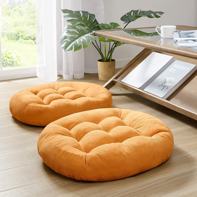 Degrees of Comfort Floor Cushion 6 Pack for Meditation, Office & Lounge – Corduroy Soft Seating Set, 22 Inch, High-Density Foam, Round Shape, Yellow