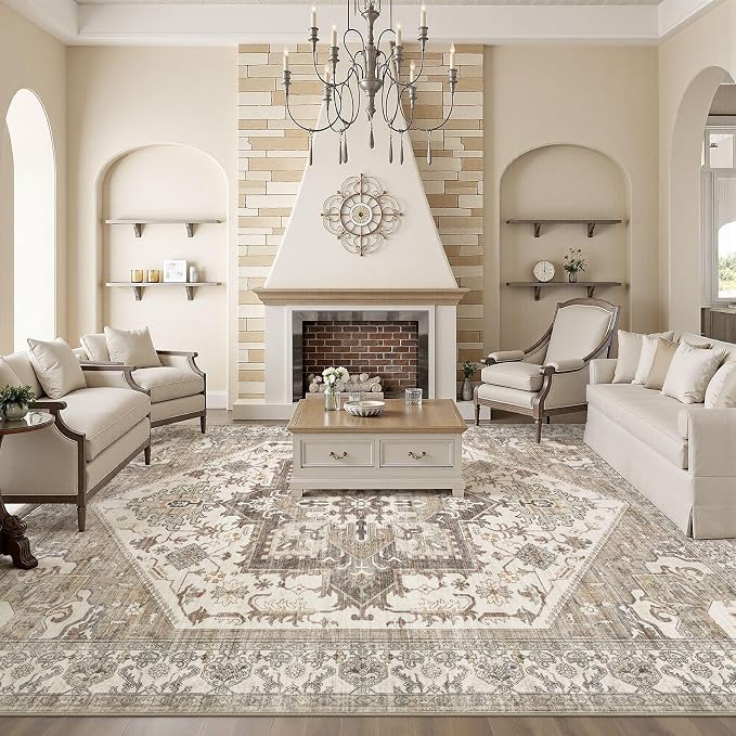 8x10 Area Rug for Living Room- Machine Washable Soft Oriental Vintage Large Indoor Floor Carpet for Bedroom Under Dining Table Home Office Decor - Beige Brown