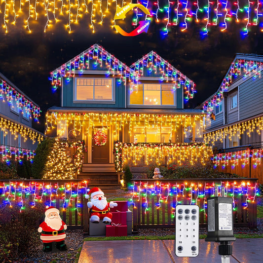 JMEXSUSS Color Changing Outdoor Waterproof Icicle Lights, 400 LED with Remote, Warm White to Multicolor for Christmas Eaves Party Decorations