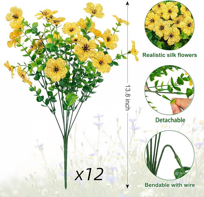 Ouddy Decor 12 Bundles Artificial Flowers for Outdoors Fake Silk Flowers UV Resistant Faux Plastic Plants for Spring Summer Garden Porch Window Box Table Vase Home Indoor Outdoor Decoration, Yellow