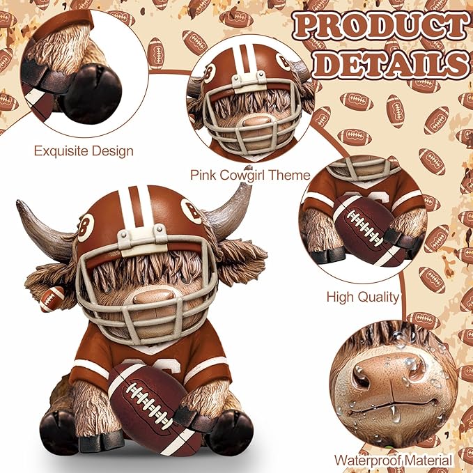 Wesiti 2 Pcs Football Highland Cow Figurines Resin Sport Ornament Set, Cute Bull Statue with Helmet and Trophy, American Football Fan Gifts for Players Coaches Team Table Decor