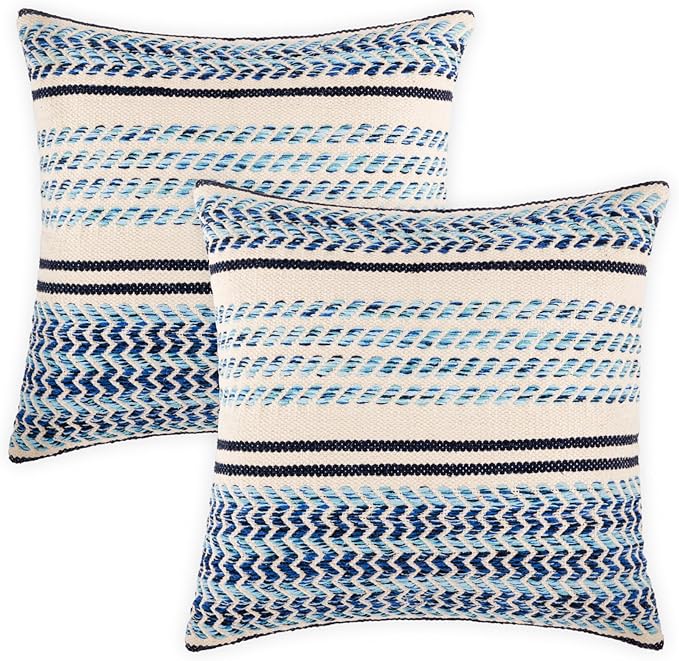 REDEARTH · Boho Textured Throw Pillow Cushion Covers - Woven Tufted Decorative Farmhouse Cases Set for Couch - Bed - Chair - Dining - Patio - Outdoor - 100% Cotton (18"x18" - Indigo Natural) Pack of 2