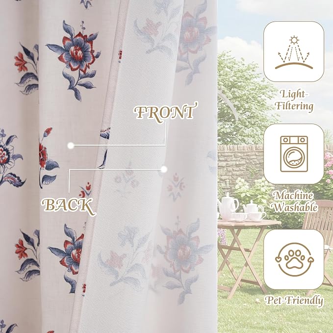 StangH Floral Curtains for Nursery Girl's Room,Classic Vintage French Country Print Pattern Thick Linen Privacy Drapes for Dining Room,W52xL84, Burgundy Red,2 Panels