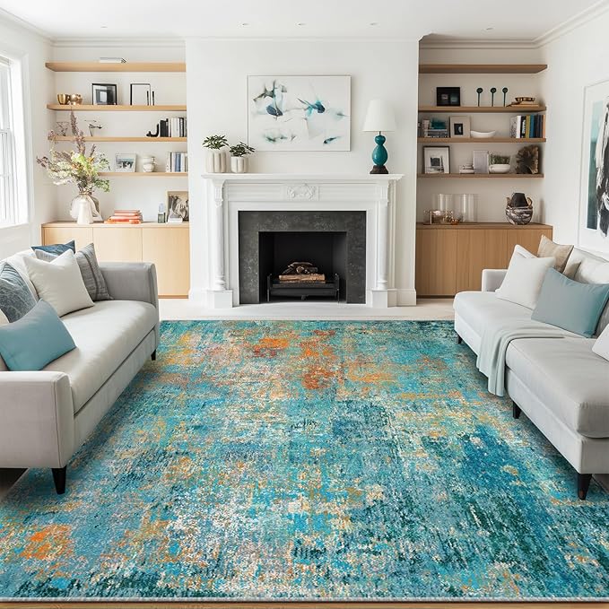RELEANY Washable Area Rugs 5'x8' Non-Slip Modern Abstract Soft for Living Room Entryway Bedroom Nursery, Print Pattern, Teal Blue Green Orange Rust Red Colorful