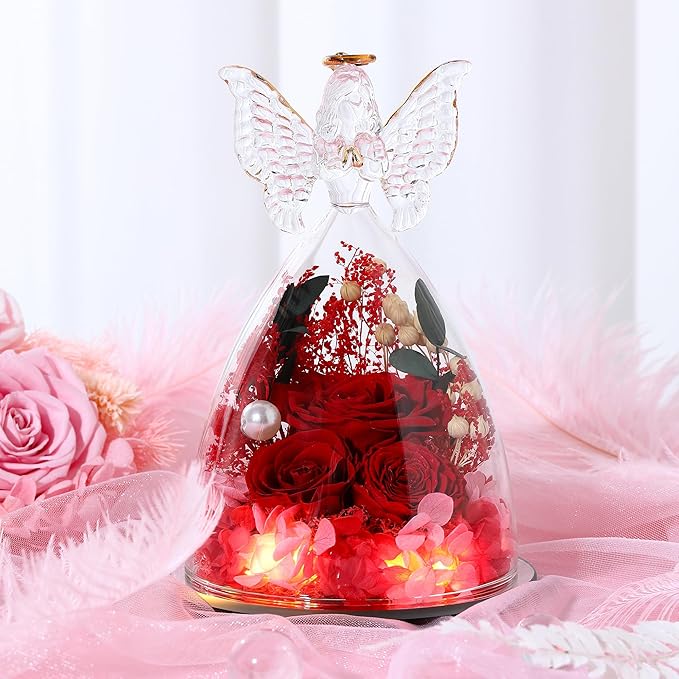 Mothers Day Rose Gifts for Women Preserved Real Flower in Glass Angel Figurines Roses for Delivery Prime Birthday Gifts for Mom Grandma Girlfriend Wife Her, Red Austin Roses