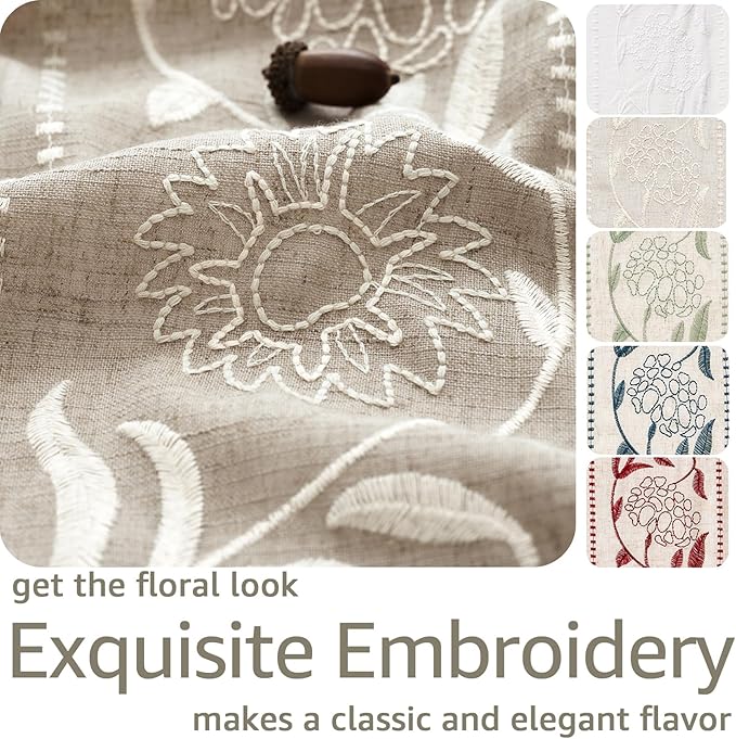 jinchan Winslow Linen Curtains for Bedroom 63 Inches Length Embroidered Bordered Floral Curtains for Living Room Farmhouse Decor Light Filtering Window Treatments Ivory on Taupe Drapes 2 Panels