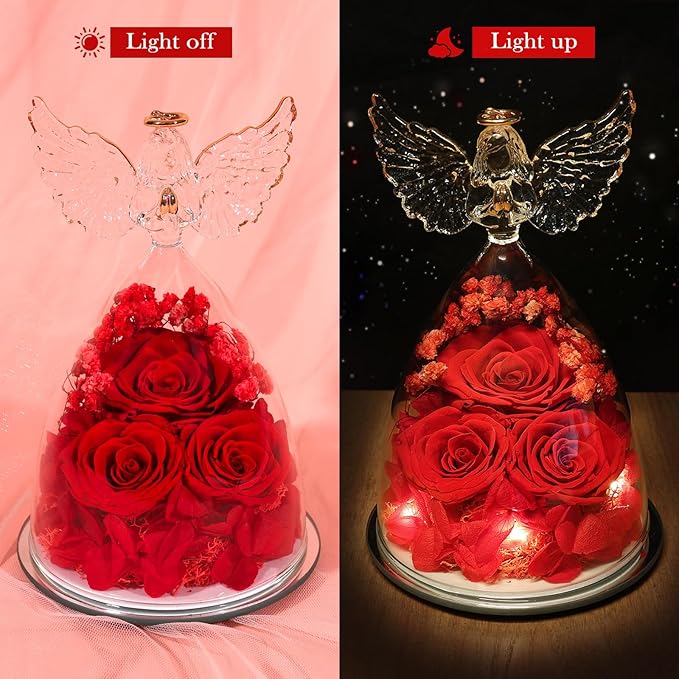 Flowers for Delivery Birthday Gifts for Women Gifts for Mom Grandma Mothers Day Fresh Preserved Flowers Forever Real Roses in Glass Angel Figurines Anniversary Present for Wife Her Friends Daughter