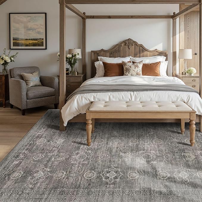 Rugxara 6x9 Area Rugs for Living Room Bedroom, Large Washable Rug, Grey Vintage Retro Boho Rug, Non Slip & Low Pile Faux Wool Thin Carpet for Indoor Dining Room and Kids Room(Taupe/Grey 6x9ft)