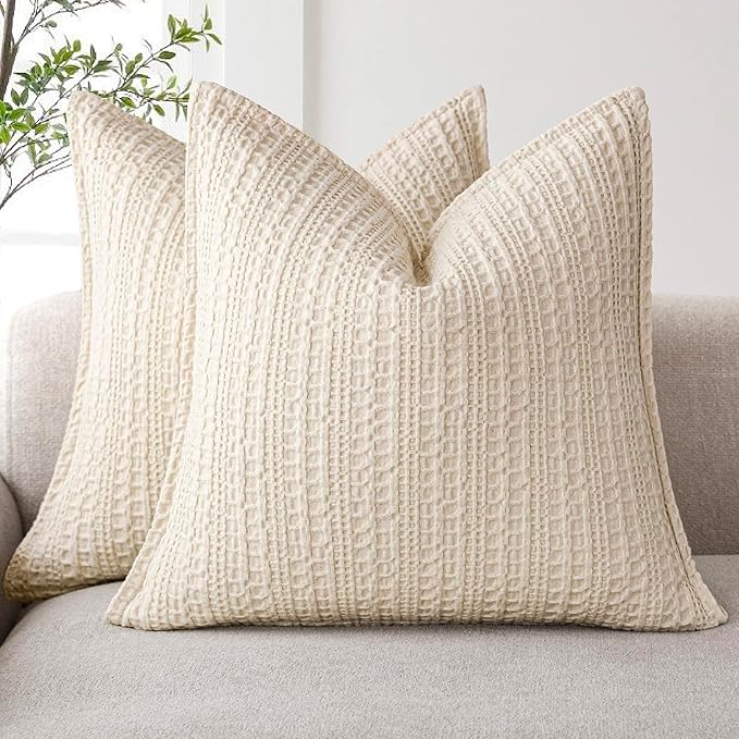 Foindtower Set of 2 Decorative Cotton Waffle Weave Throw Pillow Covers Euro Shams Cushion Covers Accent European Pillowcase for Bed Couch Sofa Bedroom Living Room Home Decor 26×26 Inch Natural Beige