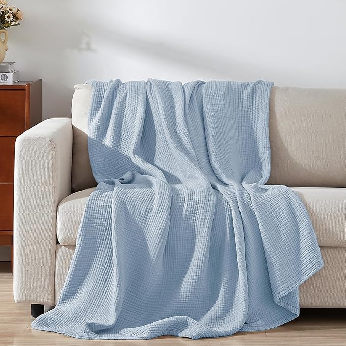 PHF 100% Cotton Muslin Blanket Queen Size 90"x90", 4-Layer Lightweight Gauze Throw, Breathable Cloud-Soft Minimalist Blanket for Bed, Couch, Camping & Baby, Ancient Water, Ideal Gift