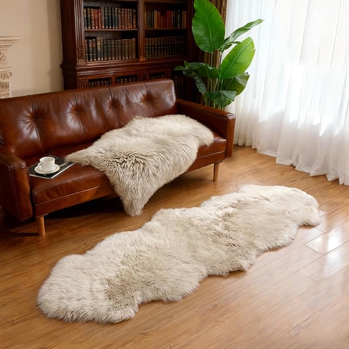 Premium Genuine Sheepskin Area Ruge - Real Wool Fur Shaggy Carpet | Fluffy Soft Natural Lambskin Rug Seat Chair Covers for Couch Sofa Bedroom Living Room(Beige,2×6 Feet Sheepskin)