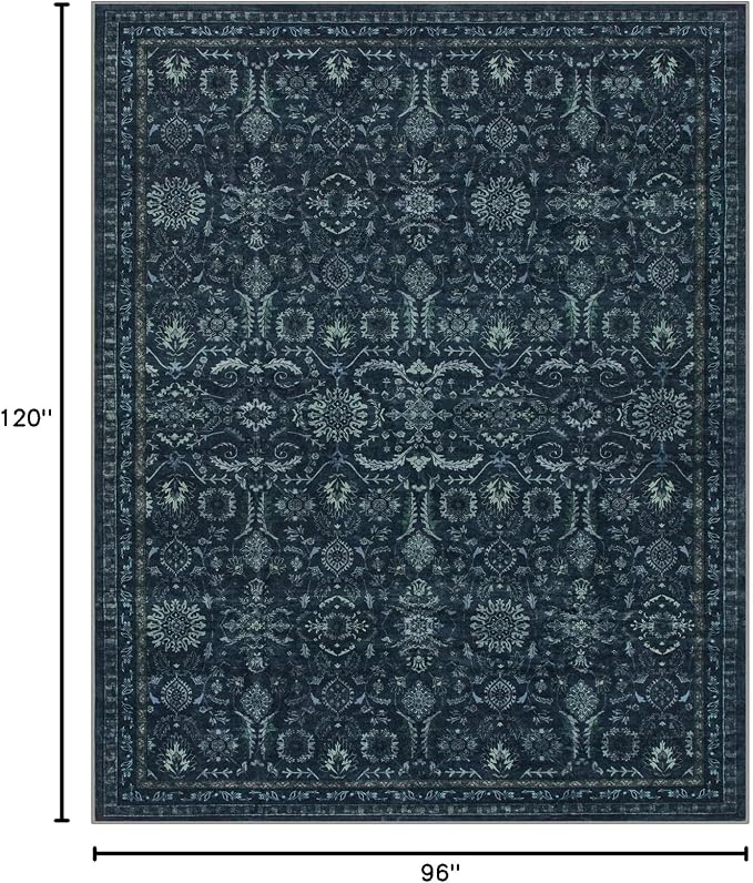 Lahome Navy Blue 8x10 Washable Area Rugs, Dark Blue Living Dining Room Rug | Dark Vintage Thin Stain Resistant Carpets for Bedroom Dorm Home Office