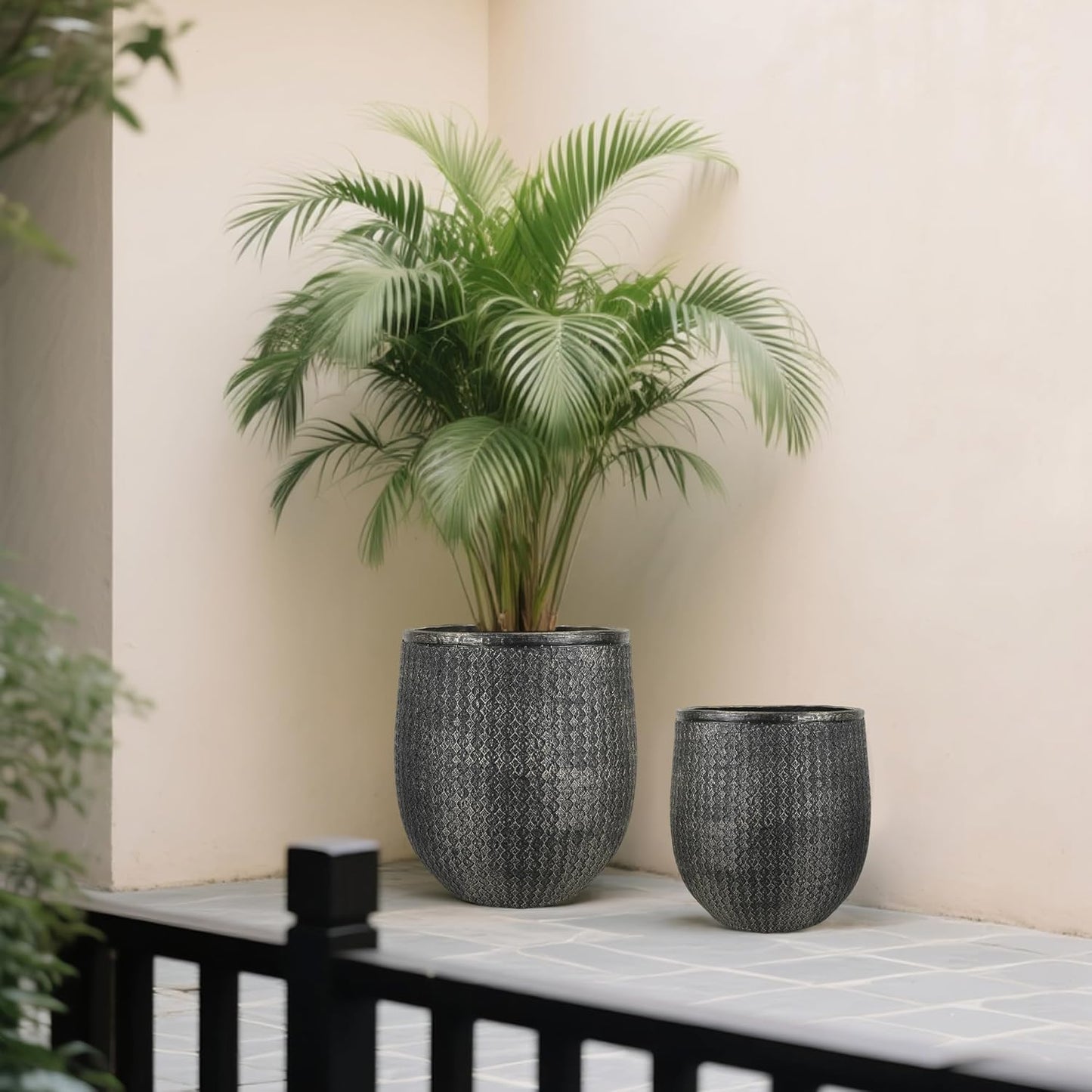 Worth Garden Large Round Planters Set of 2 (14.5"x17.5" & 12" x15“) - Lightweight Magnesium Oxide Cement Plant Pot with Texture - Concrete Look with Drainage Hole – Indoor & Outdoor Use - Black Gold