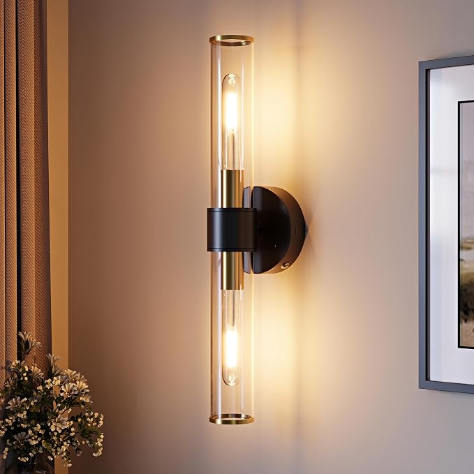 Morauroral Battery Operated Wall Sconce, 20 Inch Rechargeable Wall Lights with Remote, Black Gold Modern Wireless Wall Lamp for Bedroom, Living Room with White Shade (Bulbs Included)